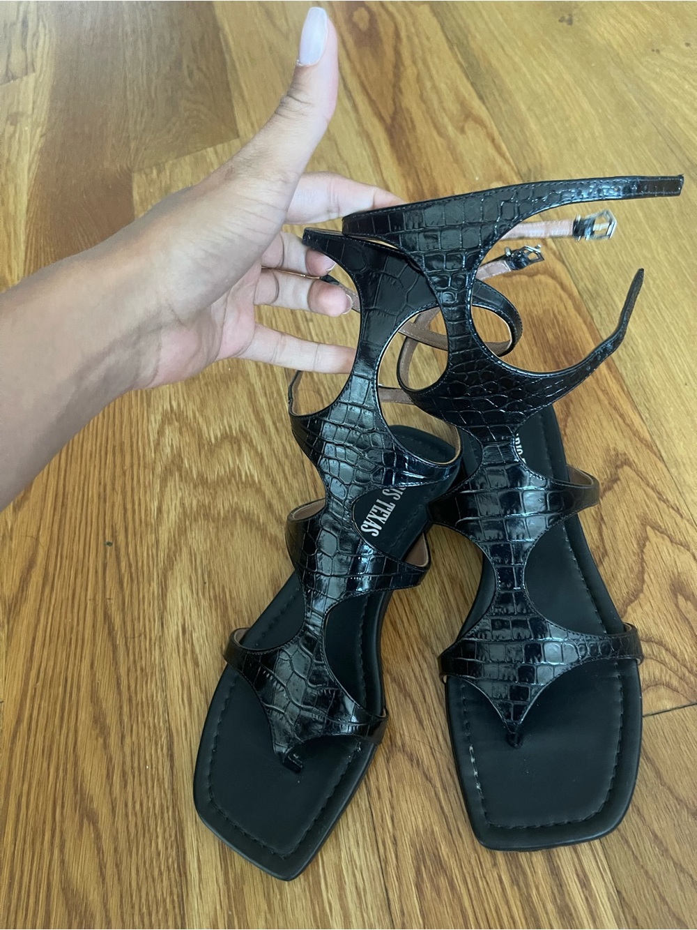 Paris Texas Black Croc-Embossed Gladiator Sandals